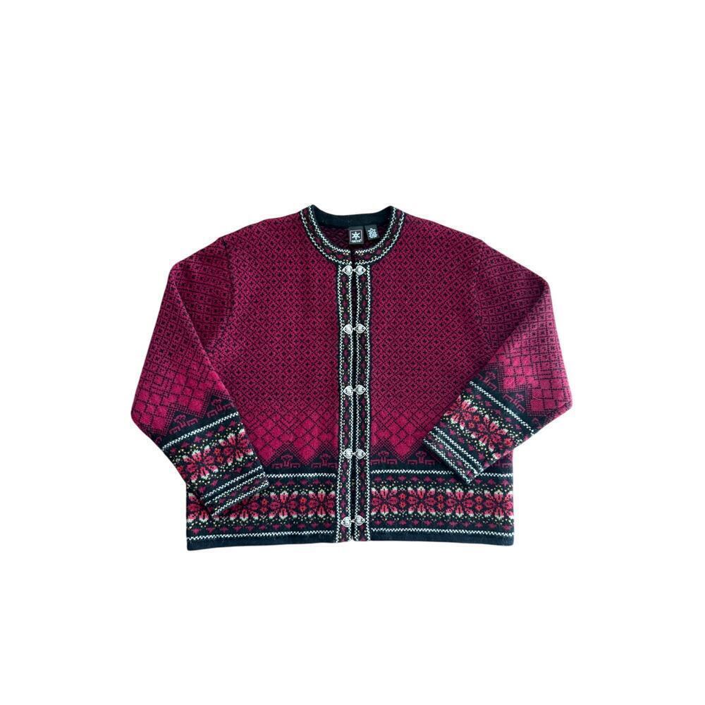 Vintage Skyr Womens Red Wool Fair Isle Heart Hook Clasp Cardigan Sweater Size XL